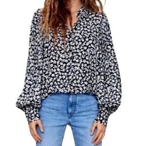 Zara Blouse M Black Floral Balloon Sleeve Button Up Cropped Shirt‎ Casual Boho